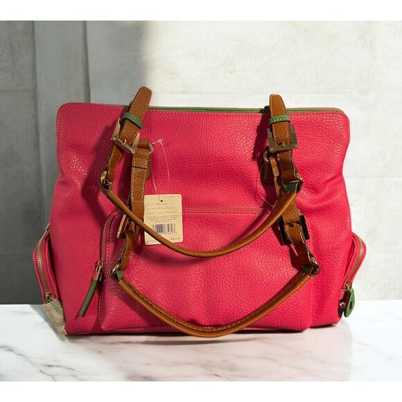 NEW Liz Claiborne Hot Pink Green Shoulder Handbag Purse Tote Computer Bag - Picture 1 of 7